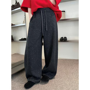 欧货高级感亮闪闪加绒毛呢阔腿裤2025冬季新款时尚休闲百搭弯刀裤
