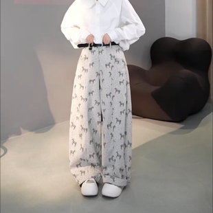 小个子松弛感显瘦直筒裤 新款 女2026春季 雅痞小马设计感印花阔腿裤