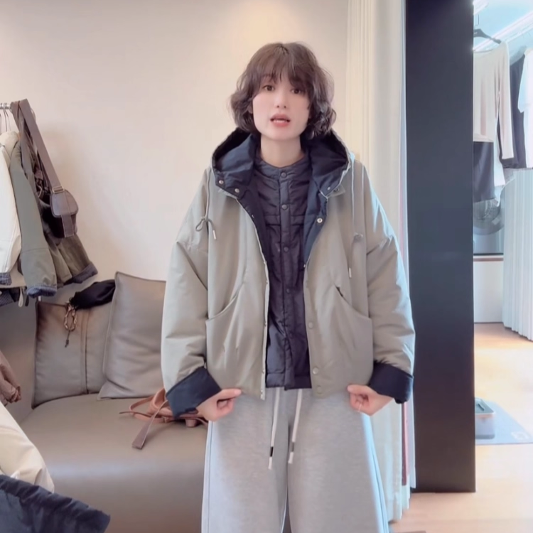 连帽撞色夹棉棉服外套女