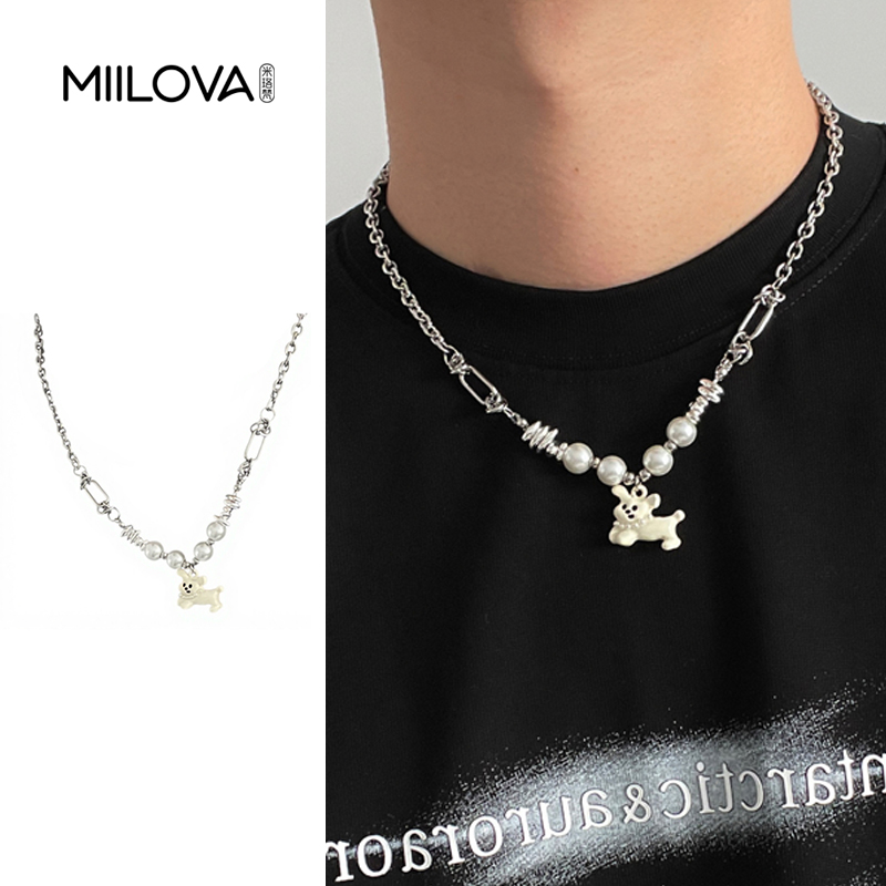 卡通小狗珍珠拼接项链毛衣链可爱