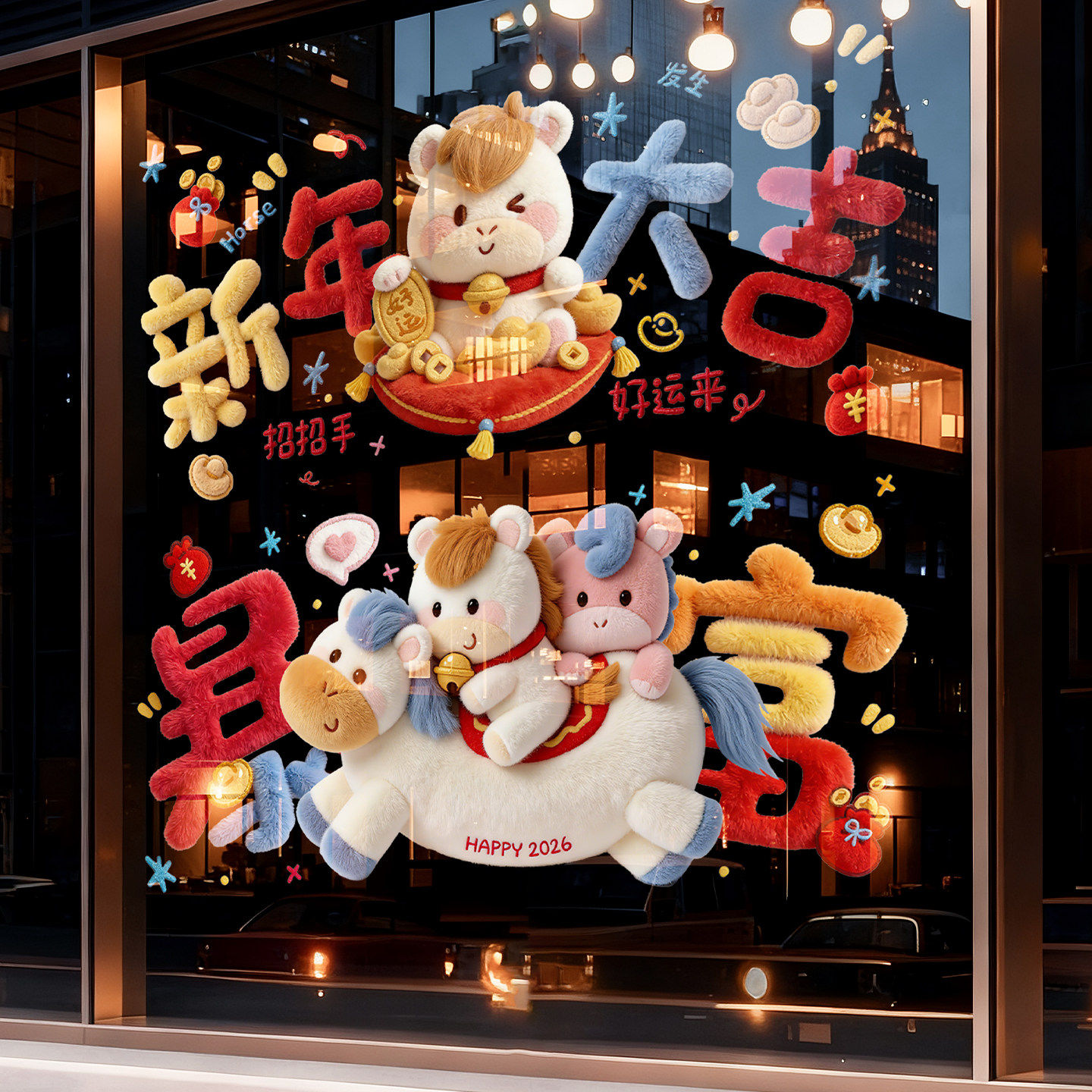 2026春节马年窗花静电玻璃贴过新年装饰品商场橱窗幼儿园布置用品,家居饰品,软装墙贴,淘宝优惠券,粉丝福利购,淘宝优惠卷