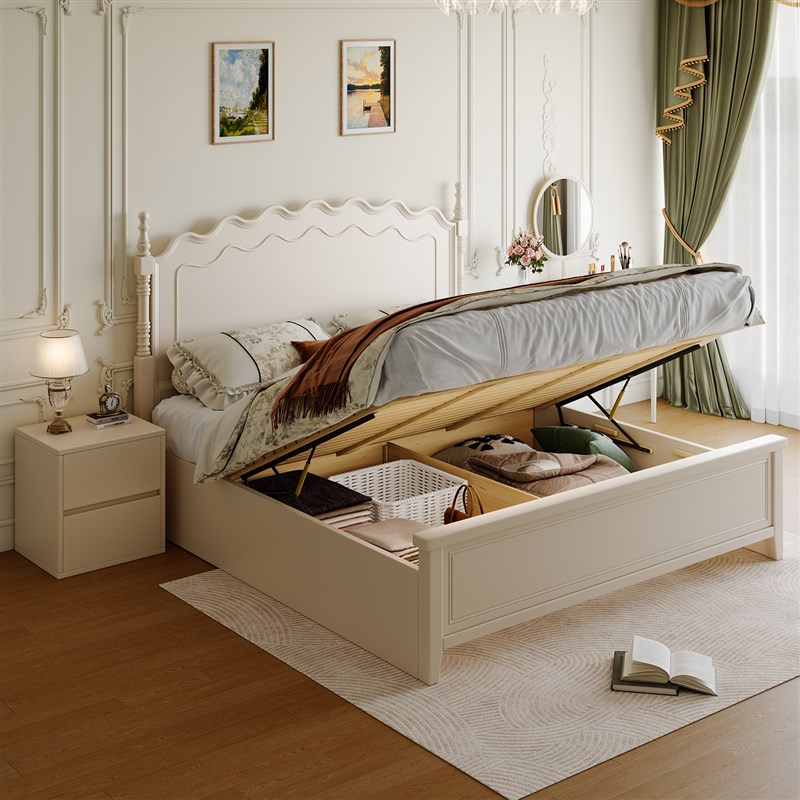 主卧1米8双人床现代简约全实z木床法式轻奢婚床白色奶油风核桃木