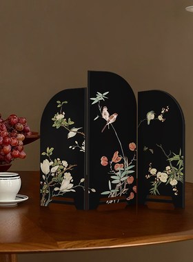 中古风墨竹屏风桌面摆p件新中式茶桌家居餐边柜斗柜装饰品复古摆