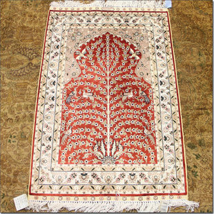 毯译 出口伊朗生命树红系波斯桑蚕丝手工真丝地毯 63x95厘米