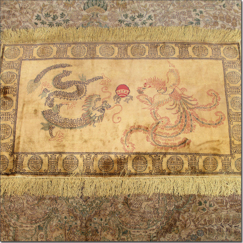 毯译 92x50厘米 12结/厘米 龙凤戏珠手工真丝艺术挂画地毯