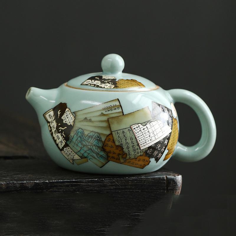 汝窑茶壶单壶泡茶器提梁壶盖碗茶杯古书残卷茶具套装家用泡茶壶