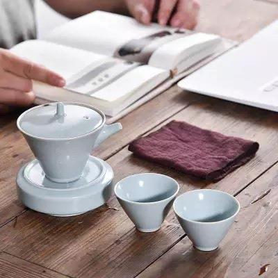 汝窑玛瑙釉旅行茶具日式快客一壶二杯简约户外便携小茶具裂纹开片