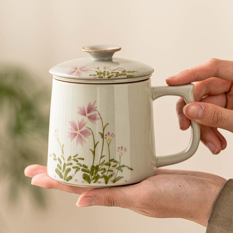 手绘小雏菊泡茶杯茶水分离马克杯带盖陶瓷茶具办公室杯子LOGO