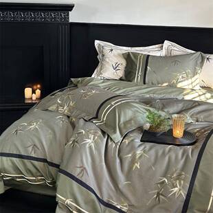 轻奢新中式超柔云层数码印花磨毛四件套全棉竹子被套纯棉亲肤床单