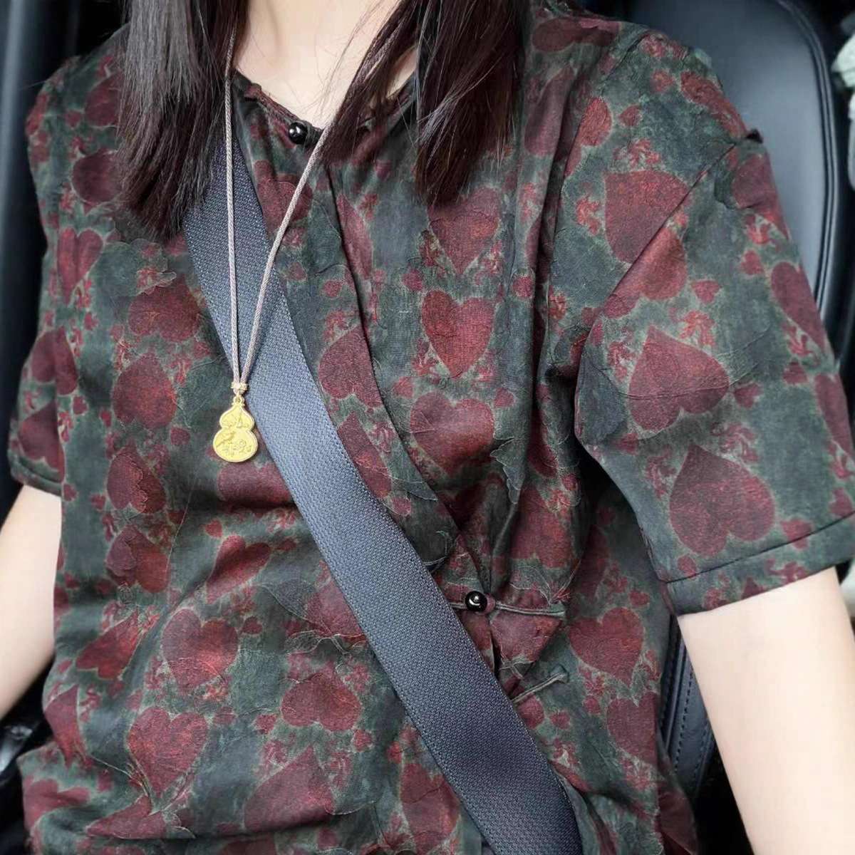 新中式红心印花短袖衬衫年轻版香云纱斜襟盘扣改良唐装中国风上衣