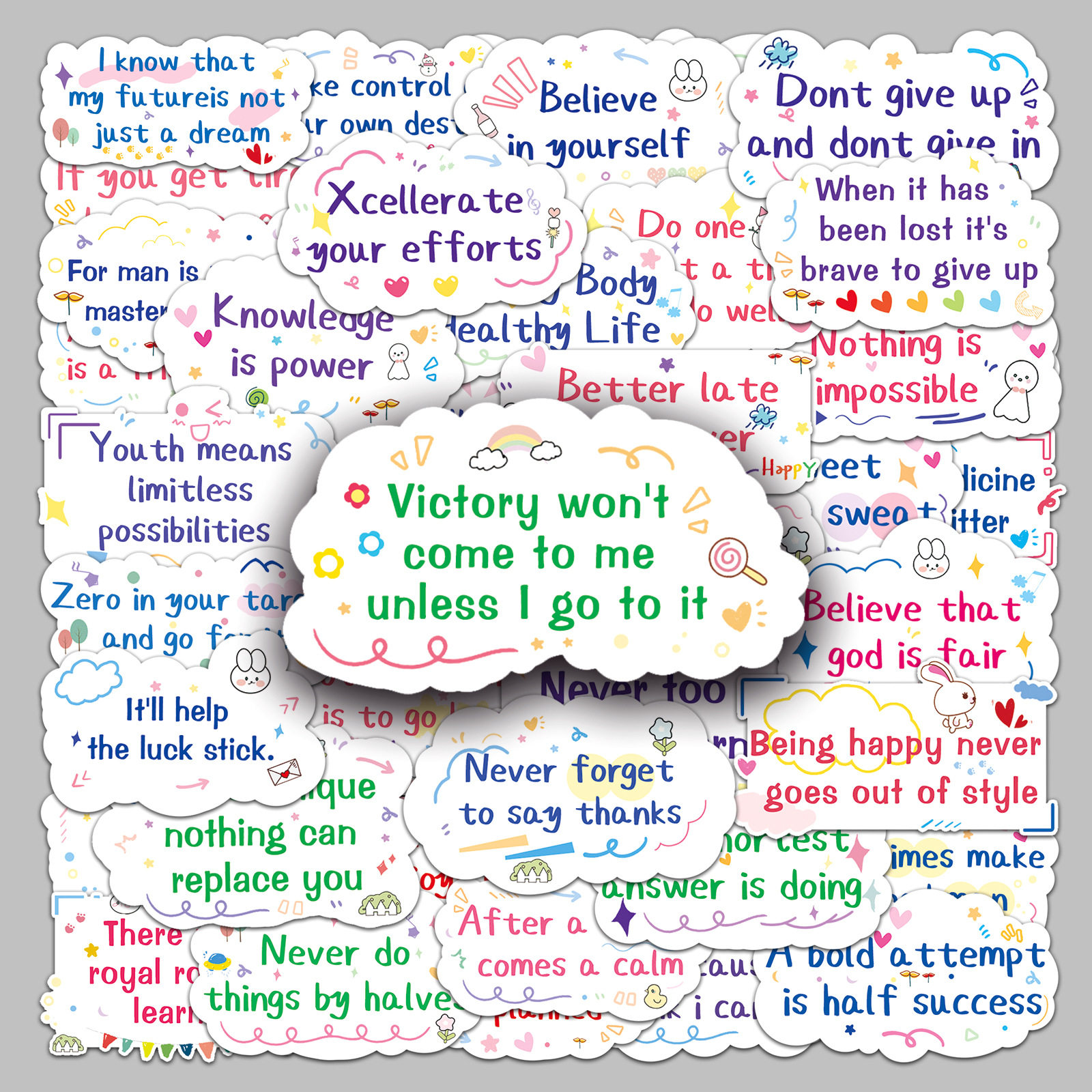 50张励志英文行李箱贴纸文字防水涂鸦贴纸滑板车电脑平板卡通装饰