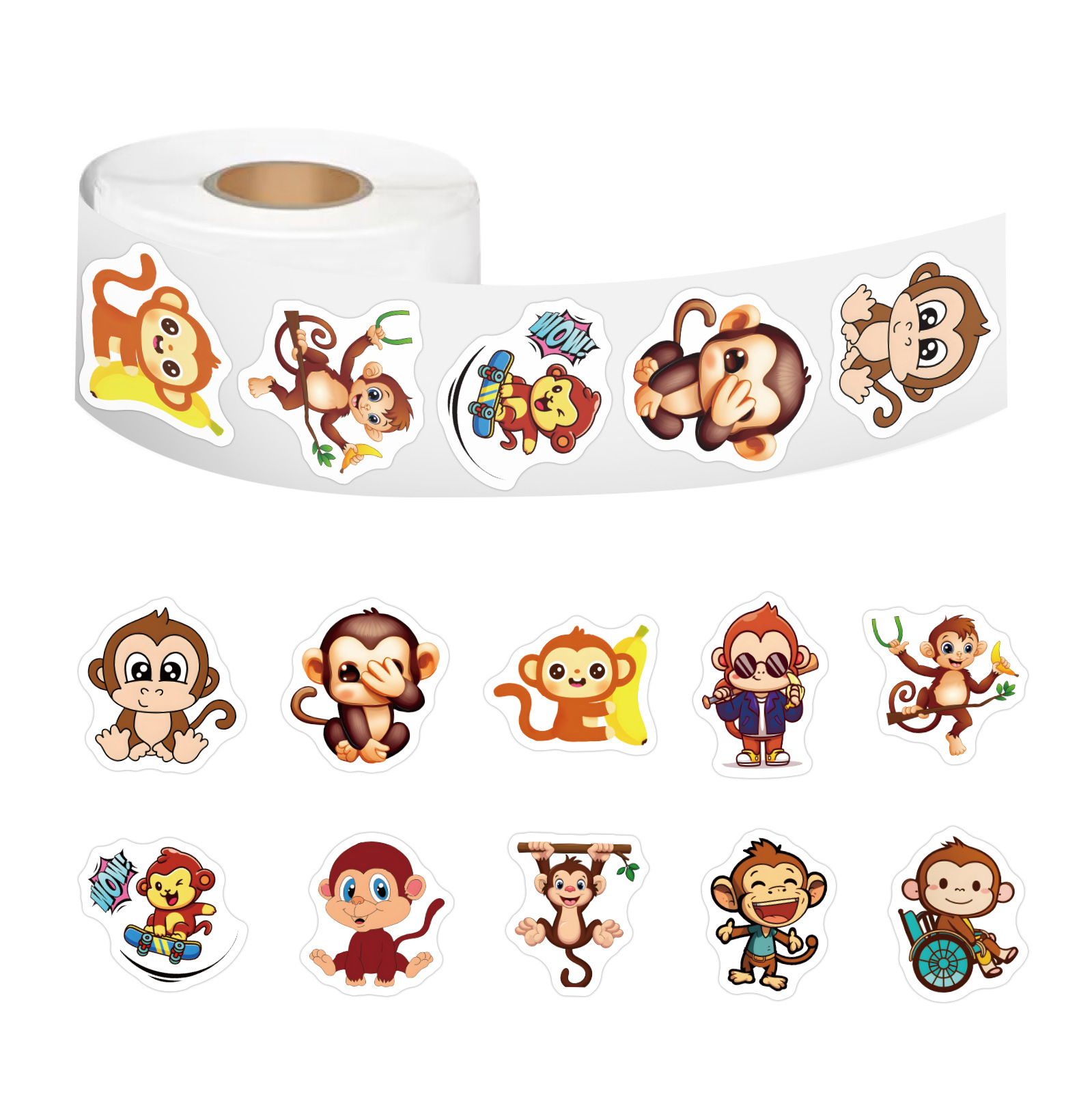 500/卷卡通猴子卷贴纸可爱动物儿童diy滑板行李箱手账贴画