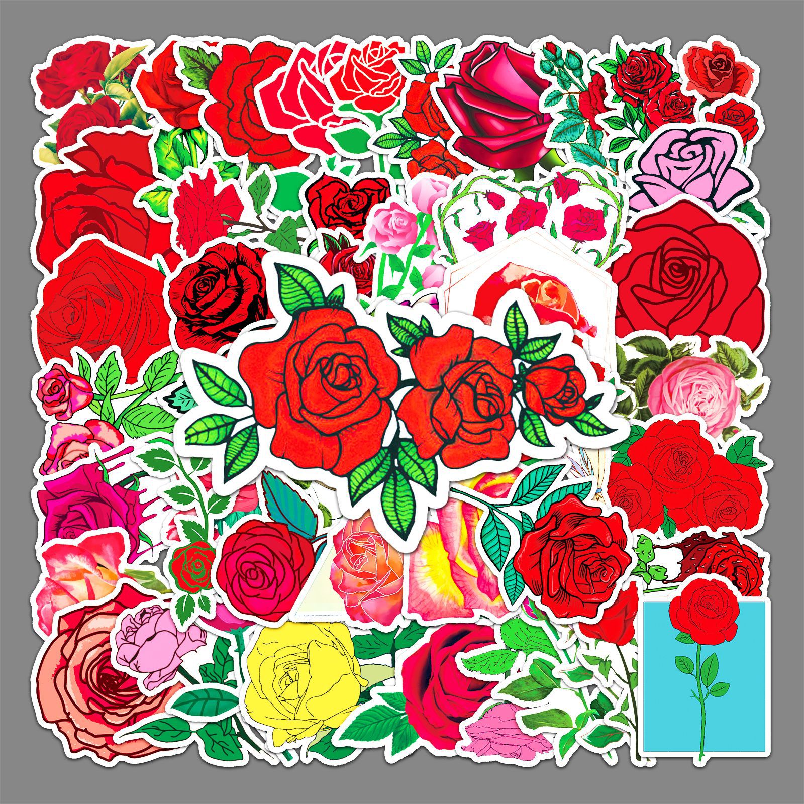50张玫瑰花卡通植物创意贴纸浪漫婚礼情人节手账本咕卡素材防水