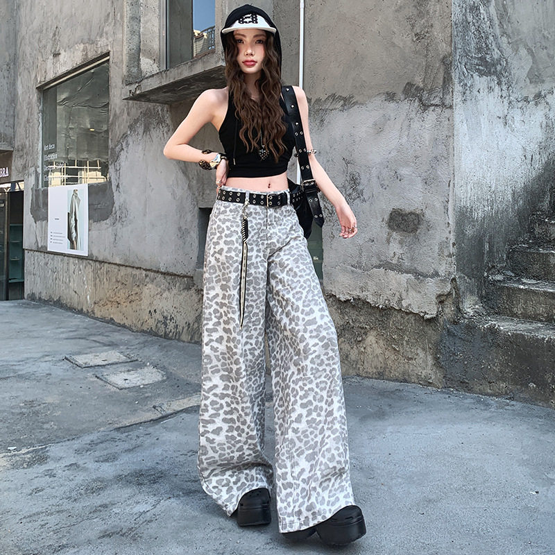 2026春装新款休闲裤阔腿裤豹纹直筒裤女装牛仔裤浅灰色豹纹长裤