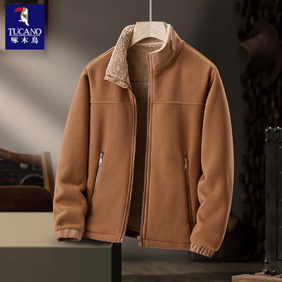啄木鸟摇粒绒夹克男士2025新款秋冬季加绒加厚抓绒立领夹克外套男