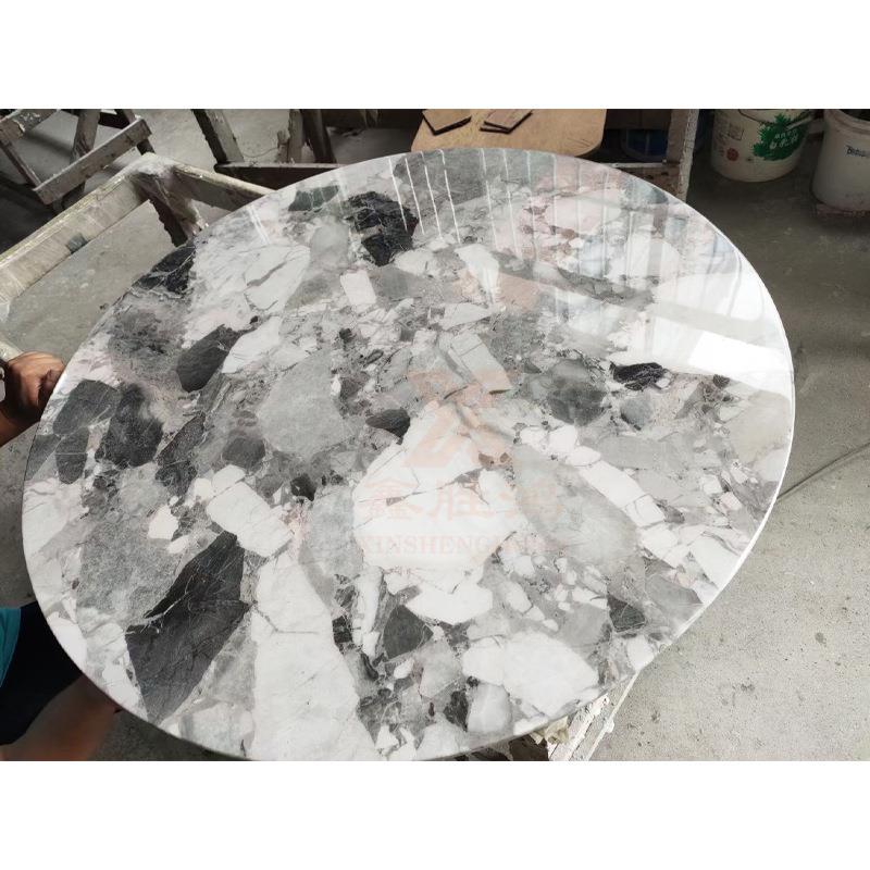 工厂直供家用人造石吃饭桌台面棕色花纹天然大理石别墅圆形餐桌面