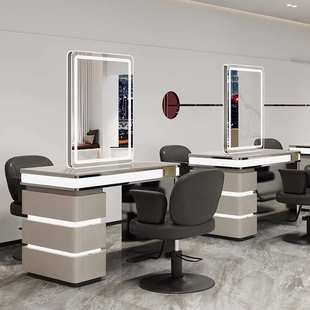网红美发店镜台双面四面发廊专用剪发镜子简约带灯理发店烫染桌子
