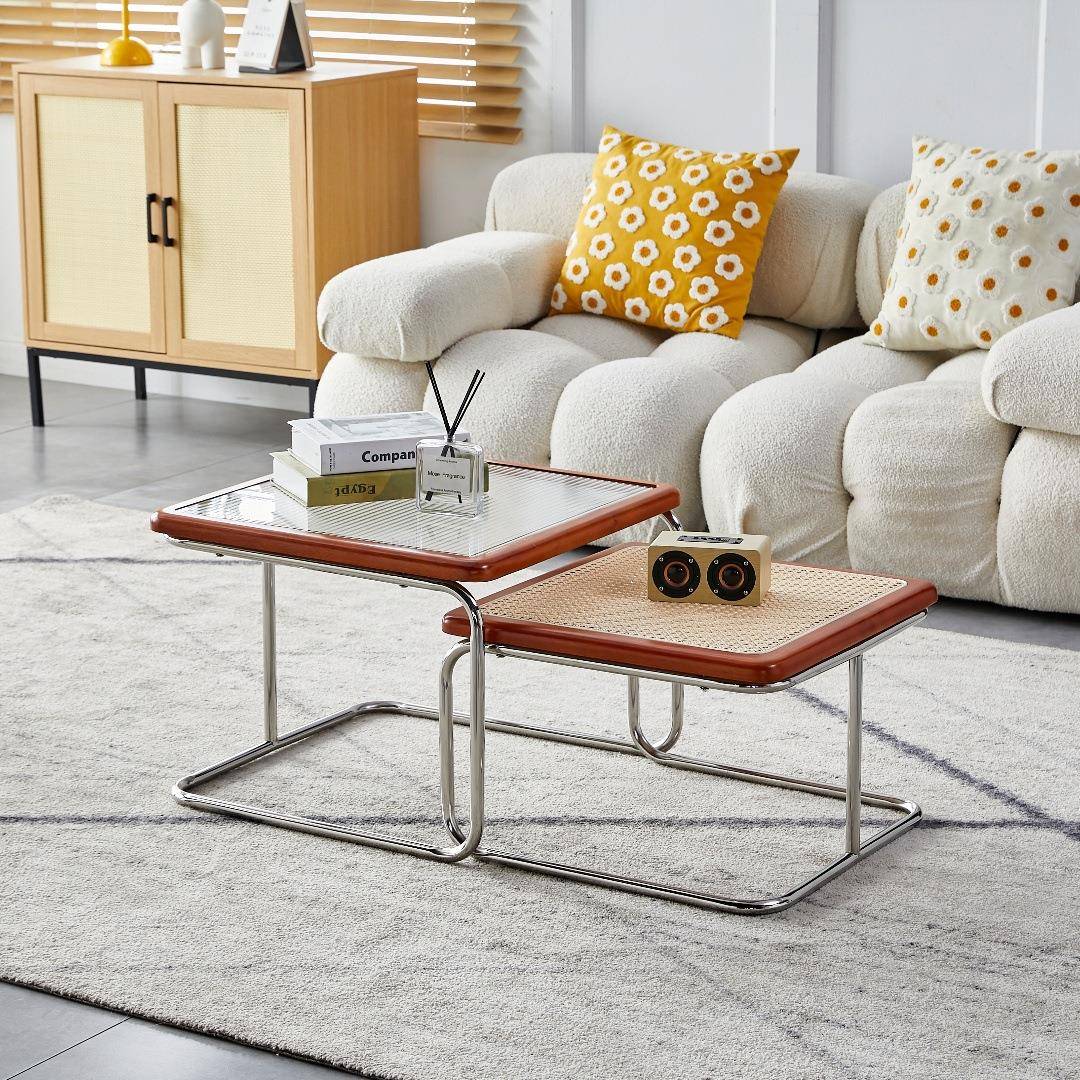 侘寂风客厅茶几家用小户型茶台组合网红藤编茶几轻奢沙发边几方桌