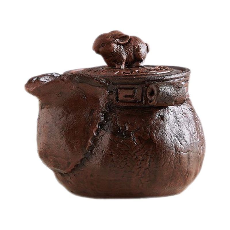 120cc 老式柴烧手抓壶纯手工仿古粗陶手雕高档宝瓶中式防烫手盖碗