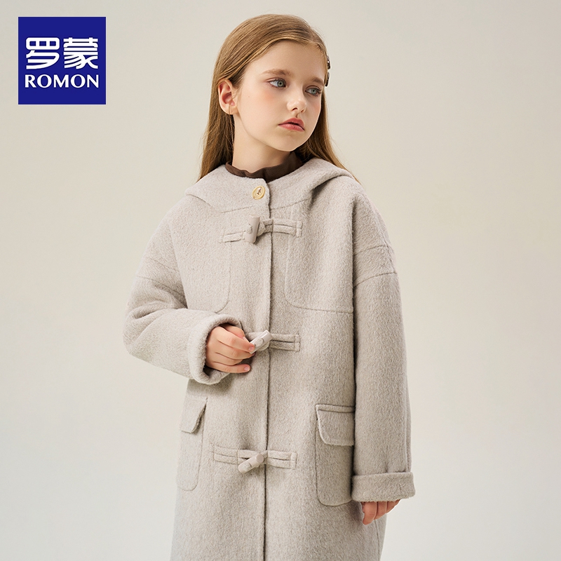 罗蒙女童气质双面羊绒呢大衣2025秋冬新款牛角扣羊毛中长款外套潮