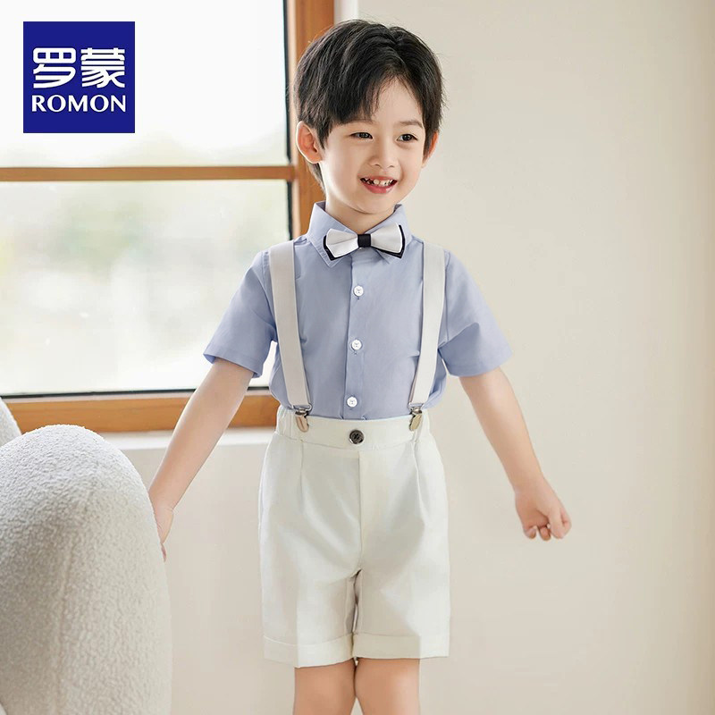 罗蒙儿童背带套装英伦风2026新款男童钢琴演出服花童西服周岁礼服