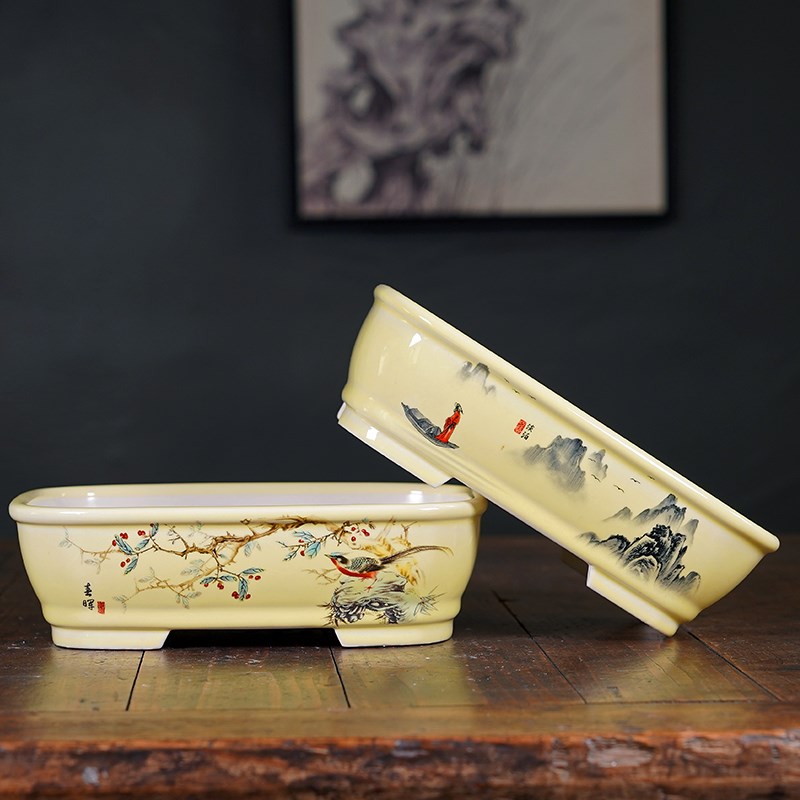 轻奢紫砂花盆青瓷釉长方形盆景盆多肉文竹盆栽盆中国风彩绘新款