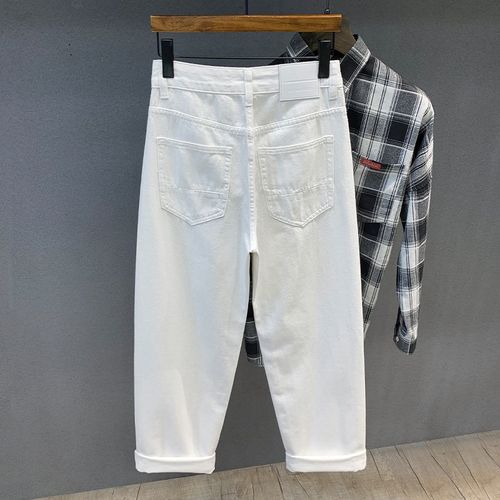 高级感肌理竹节纯棉美式休闲白色牛仔裤男士春秋宽松直筒裤长裤子