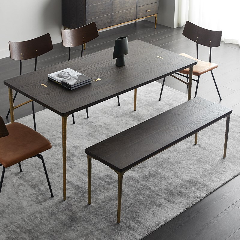 北欧中古侘寂风表情实木长条凳做旧烟熏色换鞋凳铸铁床尾凳长凳子