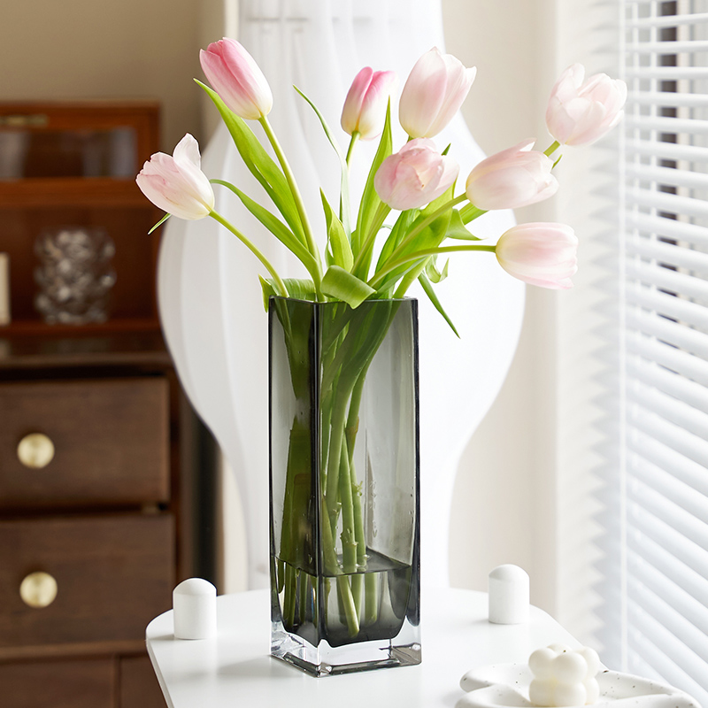 高级感轻奢花瓶摆件玻璃原色方缸水养鲜花郁金香客厅餐桌插花装饰