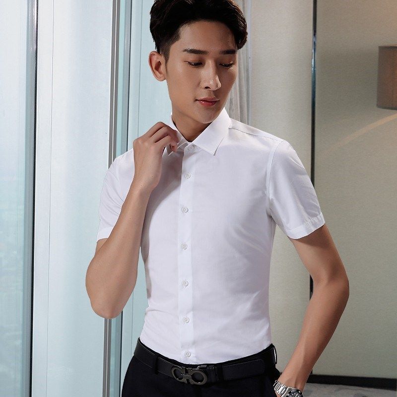 夏季短袖衬衫男白色纯棉商务正装休闲修身寸衫职业工作装男士衬衣