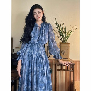 气质收腰裙子 碎花连衣裙女法式 轻奢赫本风2024春季 新款 高级感长袖