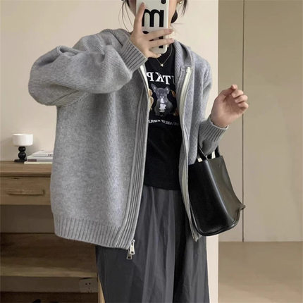 2024秋冬连帽双拉链毛衣外套女宽松外穿慵懒风加厚减龄针织开衫女