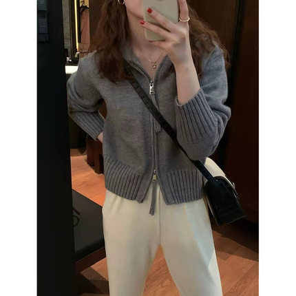 短款软糯毛衣开衫外套女春秋季厚双拉链宽松慵懒风连帽针织衫上衣