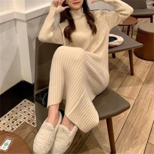 过膝软糯气质针织毛衣裙 2023日系高领内搭长款 针织打底衫 女 冬装