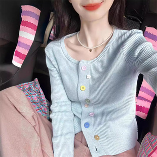 甜美韩系蓝色短款 小个子慵懒软糯毛衣女外套上衣女 针织开衫 女秋季