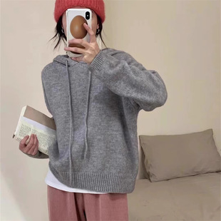 秋冬季 上衣女百搭休闲宽松纯色毛衣女 新款 韩系简约连帽套头针织衫