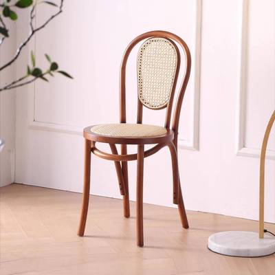 简约风美式餐椅家用藤编靠背椅网红实木中古藤椅餐厅复古休闲椅子