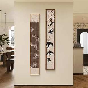 中古风花鸟入户玄关装饰画小众竖版细长条挂画艺术感走廊过道壁画