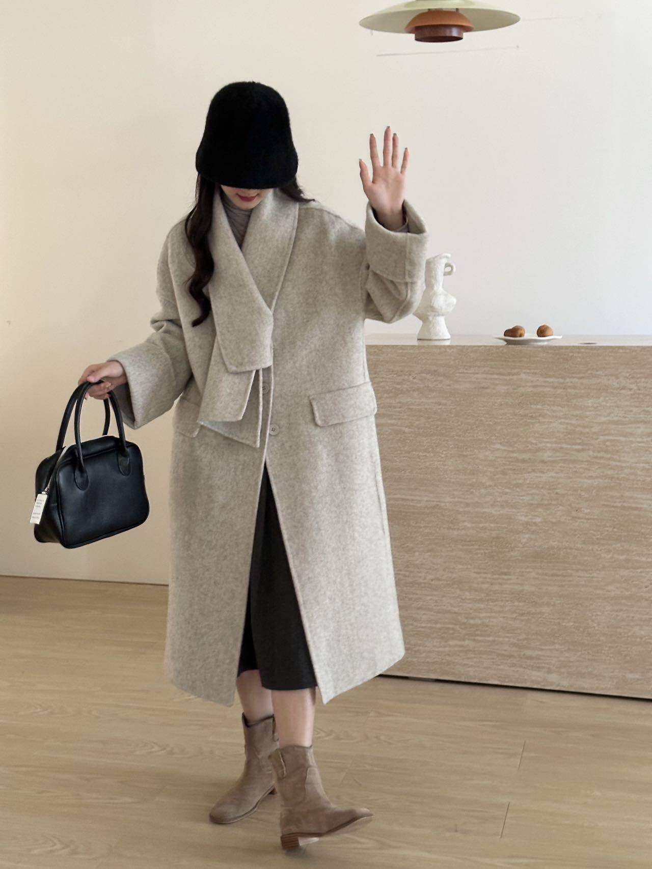 双面羊毛呢外套围巾驼绒无羊绒2024秋冬新款高级感中长款大衣女装