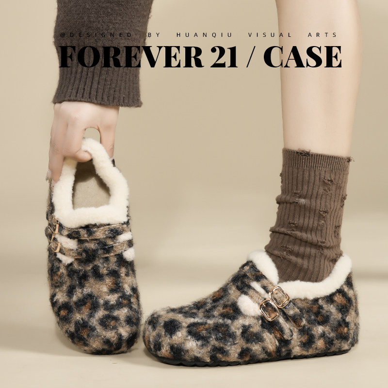 F21豹纹加绒勃肯鞋女2025新款冬