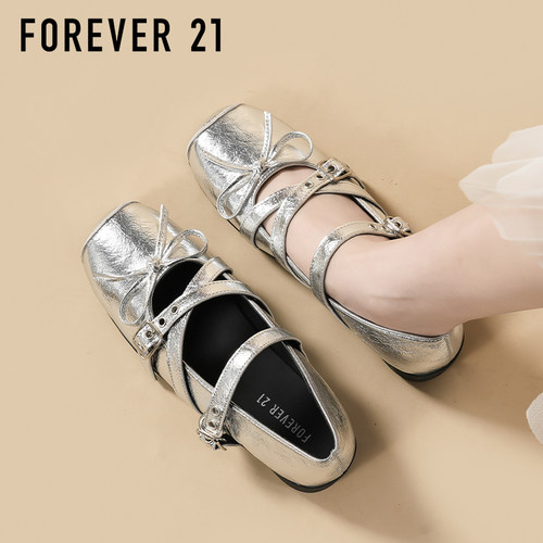 F21银色方头玛丽珍鞋女2026春夏