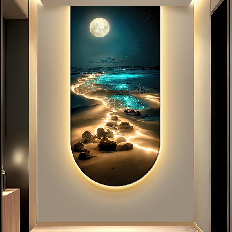 治愈系海浪玄关装饰画月球极光走廊尽头挂画轻奢海景入户带灯壁画