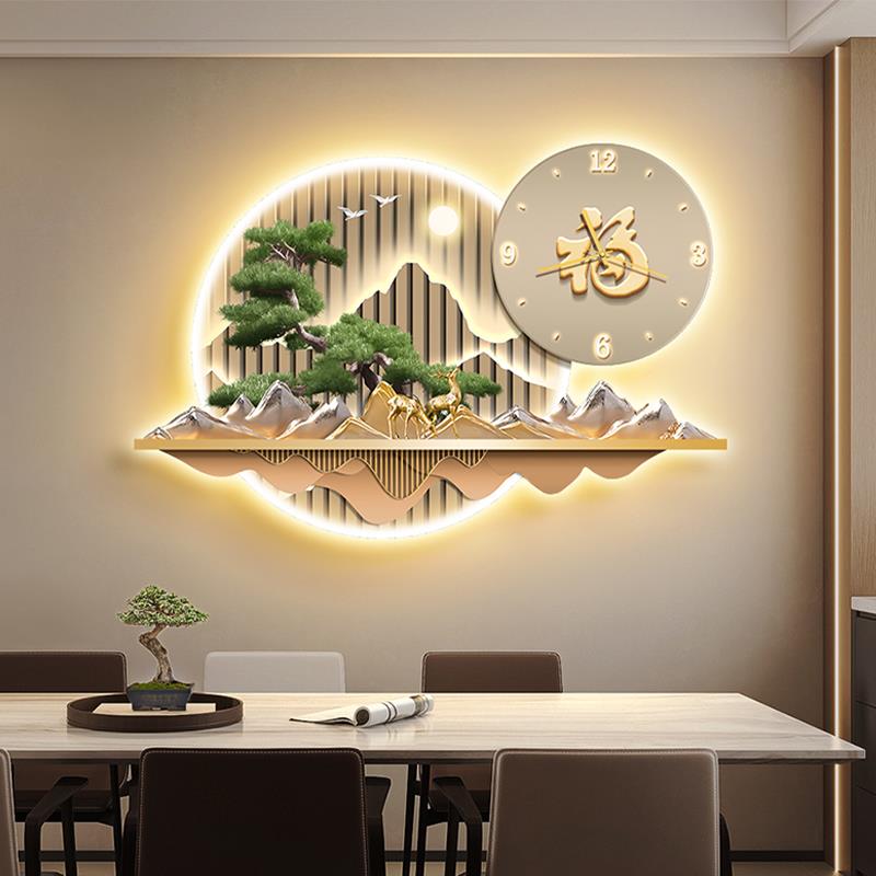 迎客松餐厅装饰画钟表新中式吃饭厅餐桌挂画福字客厅背景墙壁画灯