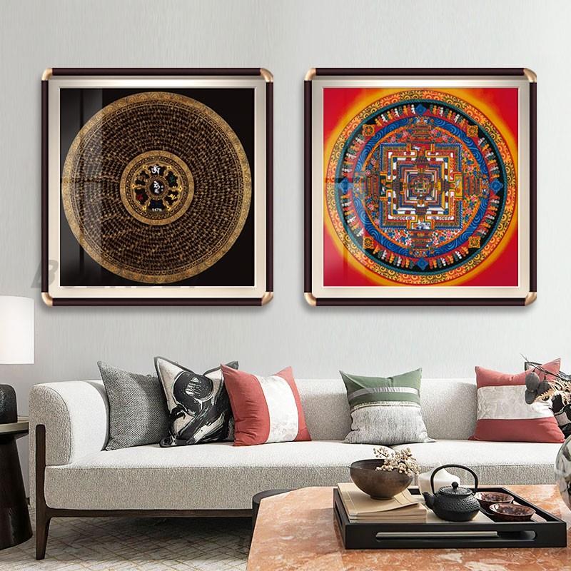 时轮金刚坛城藏传唐卡六字真言挂画中式茶室装饰画客厅佛堂玄关