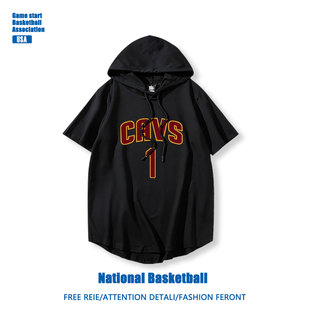 骑士队哈登篮球T恤男夏季纯棉半袖宽松连帽上衣短袖少年运动投篮