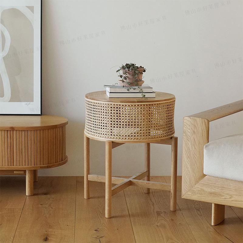 圆形茶几现代简约床头柜实木床边柜小型卧室藤编收纳窄柜子