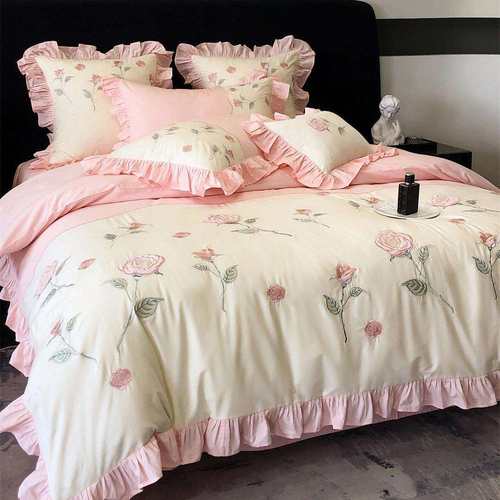 少女心田园玫瑰风刺绣全棉水洗棉四件套贴身透气被套床单床上用品