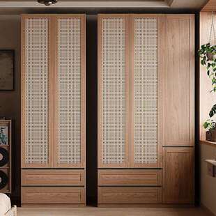 藤编门衣柜中古风胡桃色高档免拉手一门到顶分段式大衣橱收纳柜子