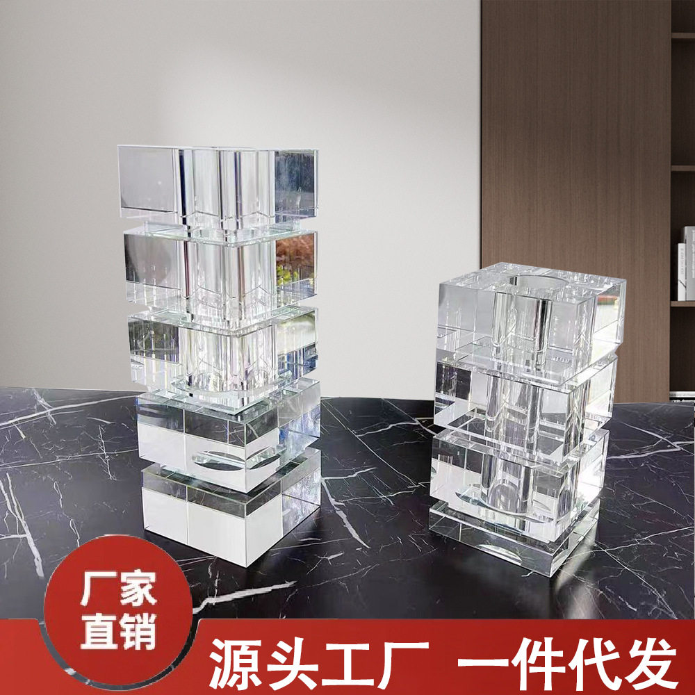 现代轻奢方形叠层水晶花器样板间售楼处酒店玄关花艺摆件