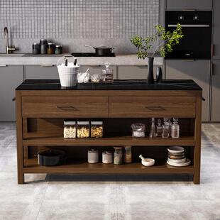 网红田园实木餐边柜岩板厨房中岛台储物柜备餐收纳柜可移动料理台